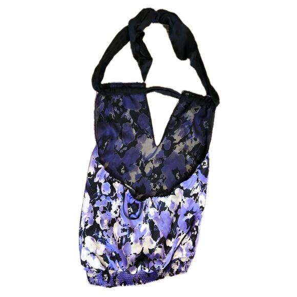 Bebe SILK Purple Floral Halter V Neck Tie Top XS Backless Vacation - Picture 2 of 5